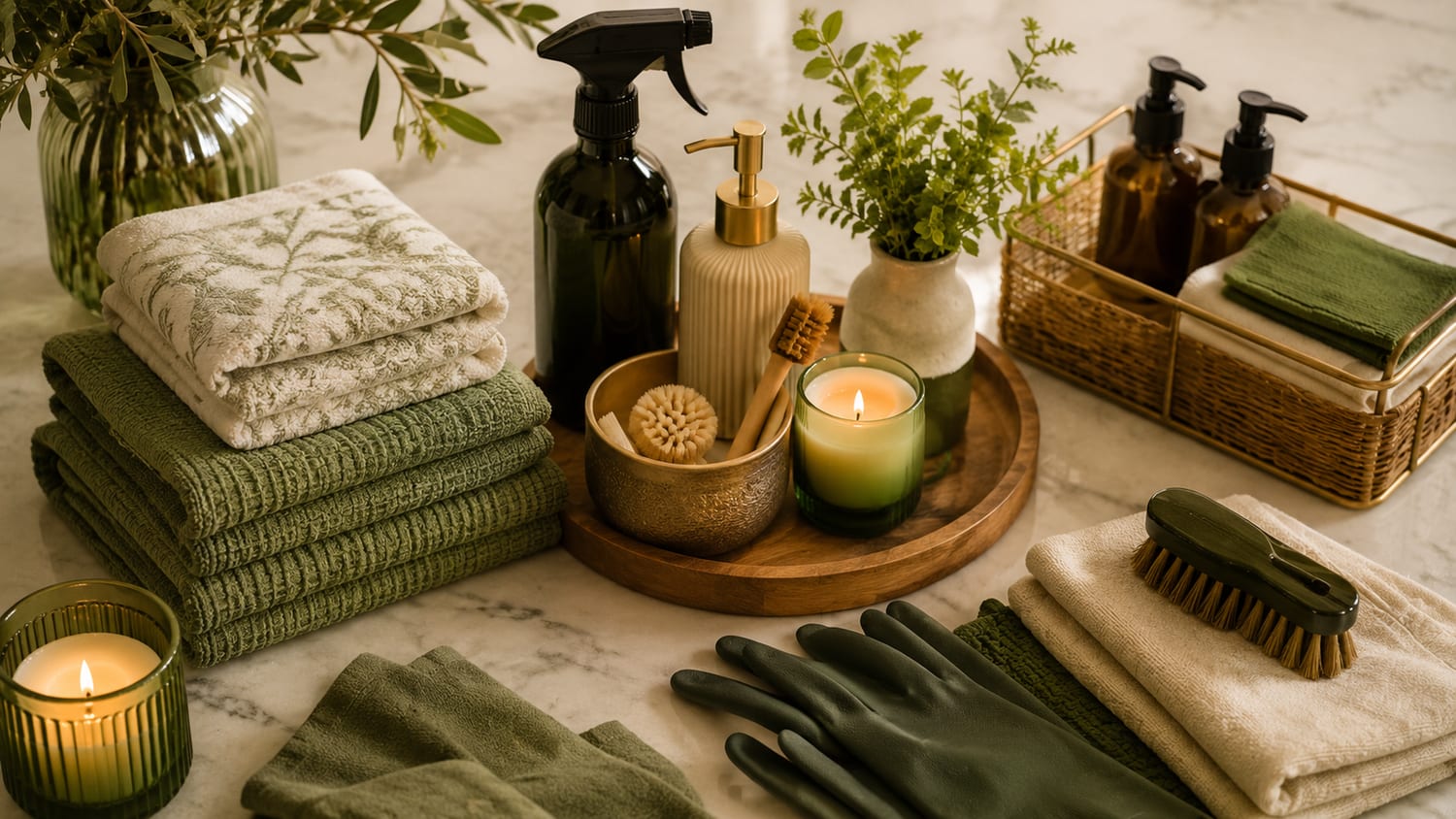 Neatly arranged cleaning supplies, folded towels, and a candle on a marble surface